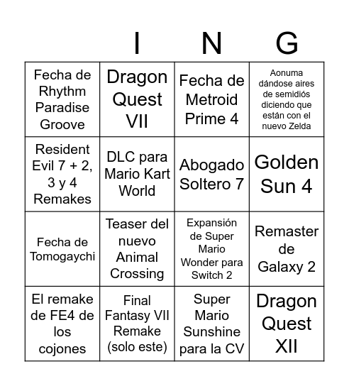 Nintendo Direct Bingo Card