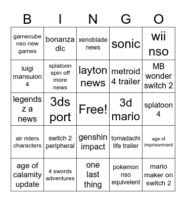 Nintendo direct bingo Card