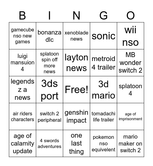 Nintendo direct bingo Card