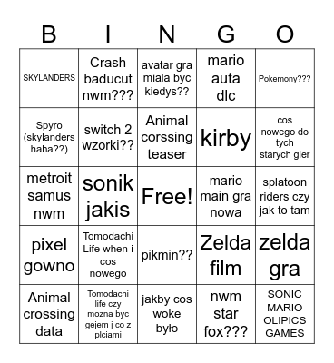 Nintendo Direct godzinny piatek Bingo Card