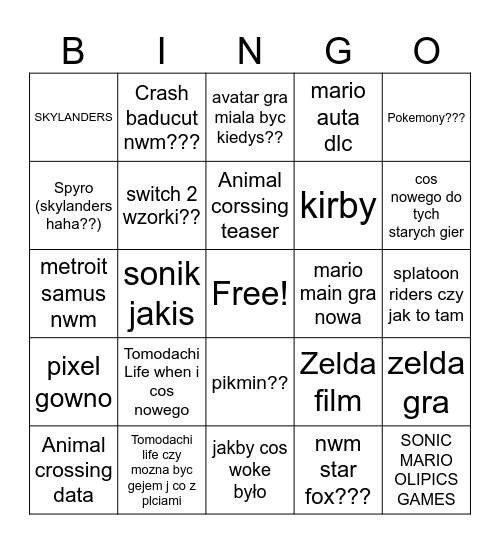 Nintendo Direct godzinny piatek Bingo Card