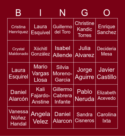 Hispanic Heritage Month Author Bingo Card