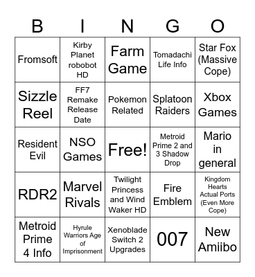 Nintendo Dirept Sep 12th Bingo Card