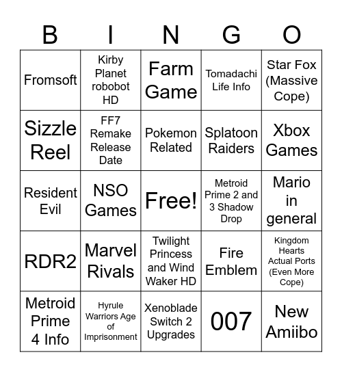 Nintendo Dirept Sep 12th Bingo Card