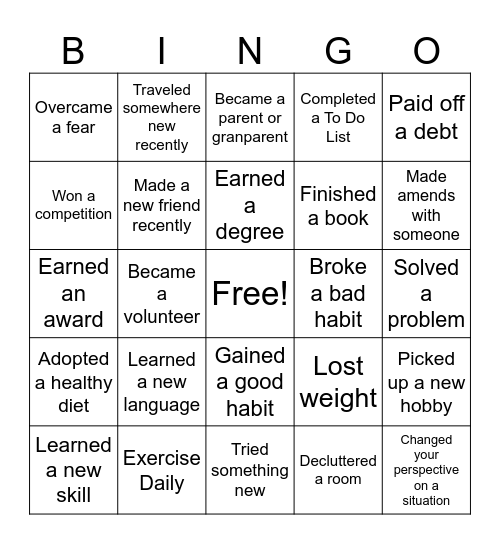 Personal Wins Bingo Card