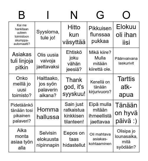 Toimiston syysbingo Card