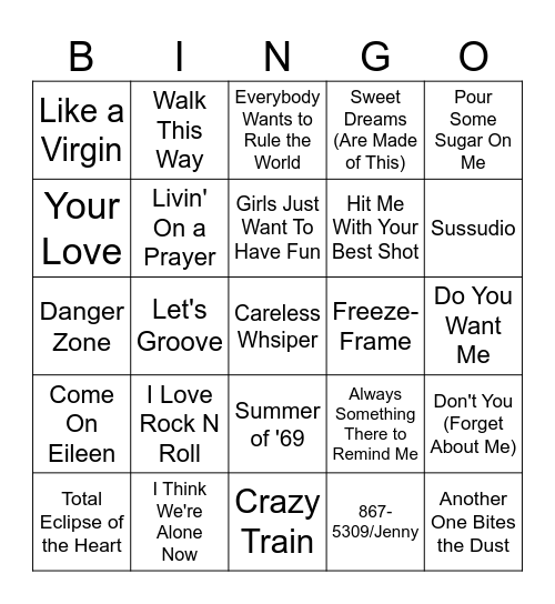 '80s Music Bingo Card