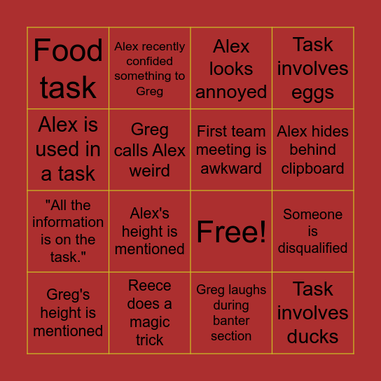 Taskmaster Bingo Card