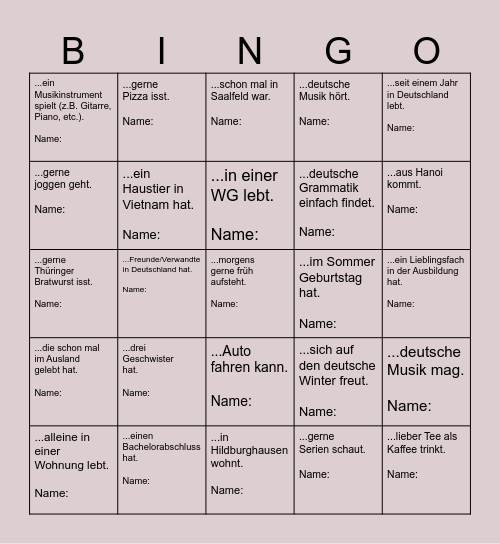 KENNLERN BINGO: finde eine Person, die.. Bingo Card