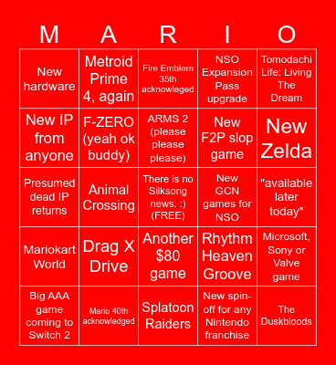Nintendo Direct Bingo 9/12/25 Bingo Card