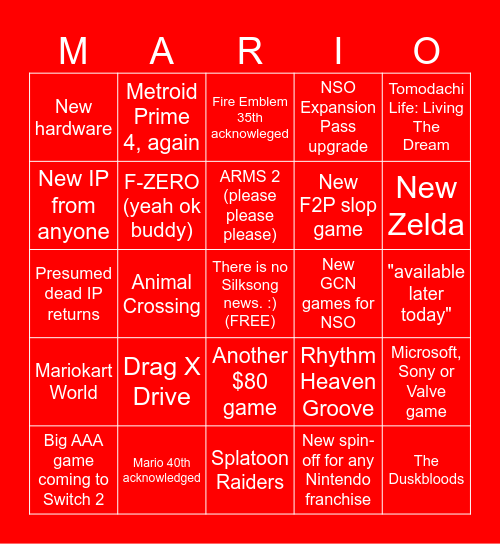 Nintendo Direct Bingo 9/12/25 Bingo Card