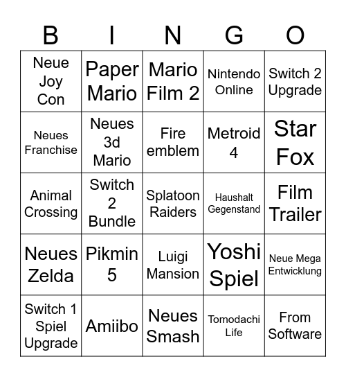 Nintendo Direct Bingo Card