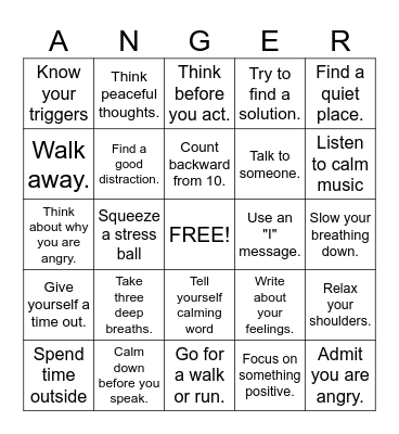 Anger Bingo Card