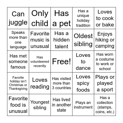 Diversity Bingo Card 1 Bingo Card