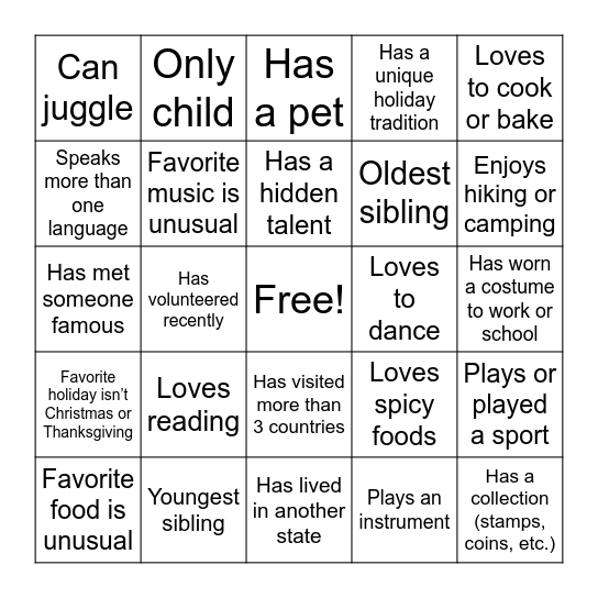 Diversity Bingo Card 1 Bingo Card