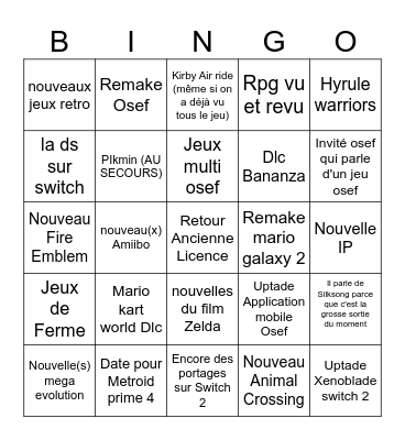 Nintendo direct Bingo Card