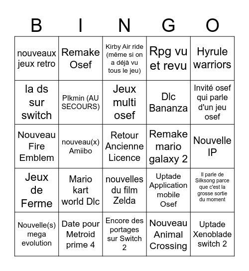 Nintendo direct Bingo Card