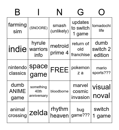 Nintendo Direct Bingo Card