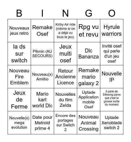 Nintendo direct Bingo Card