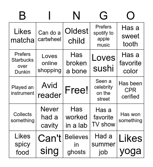 New Hire Bingo Card