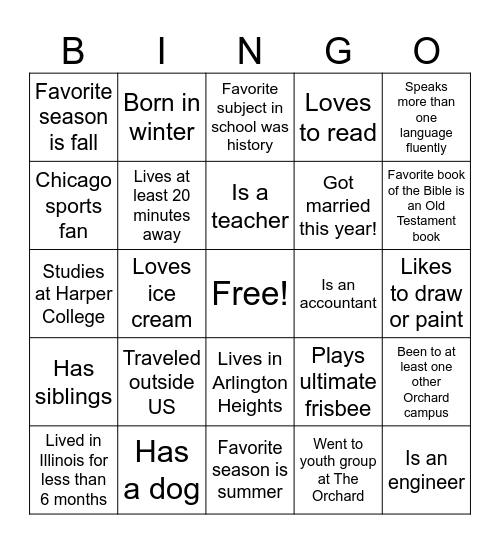 OYA Life Group Bingo Card