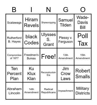 Reconstruction Bingo Card