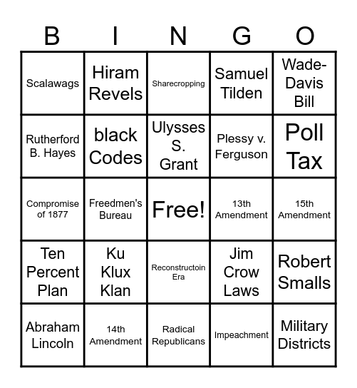 Reconstruction Bingo Card
