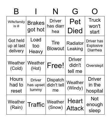 ONX Logistics Driver/Dispatch Excuses Bingo Card