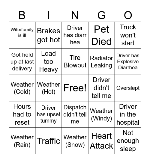 ONX Logistics Driver/Dispatch Excuses Bingo Card