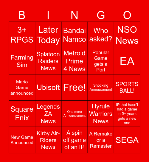 Nintendo Direct 9/12/2025 Bingo Card