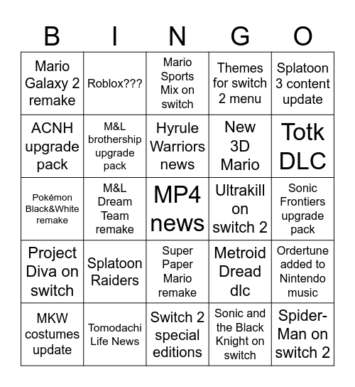 Direct wishlist Bingo Card