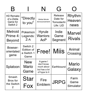 Nintendo Direct Sept 12th, 2025 Bingo Card