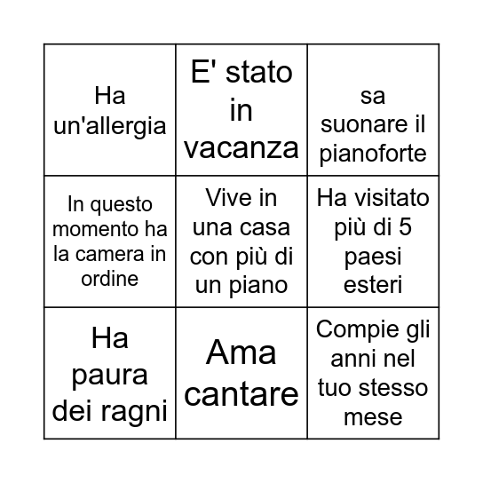 Trova qualcuno che... Bingo Card