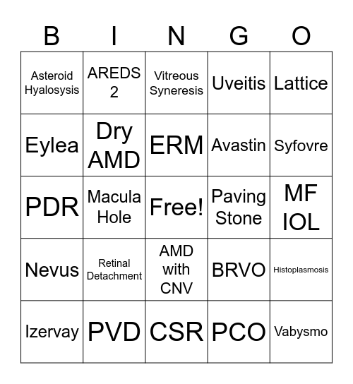 Retina and Macula Consultants Bingo Card