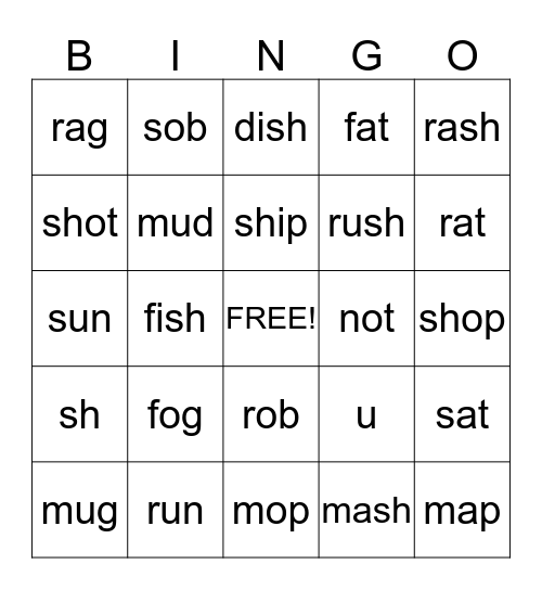 Words with Sh and U Sounds Bingo Card