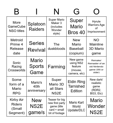 Nintendo Direct 9/12/25 Bingo Card