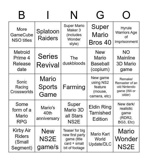 Nintendo Direct 9/12/25 Bingo Card