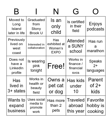 Women's EXPO Networking Night Bingo Card