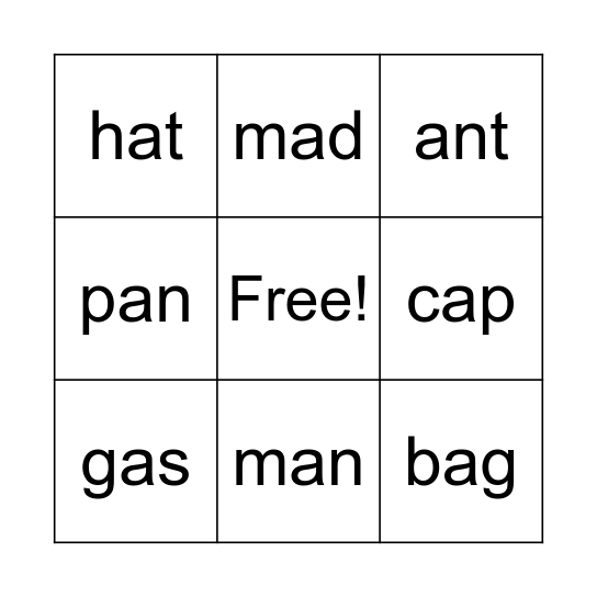 Short a CVC Bingo Card
