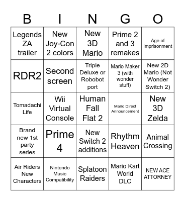 9/12 Nintendo Direct Bingo Card