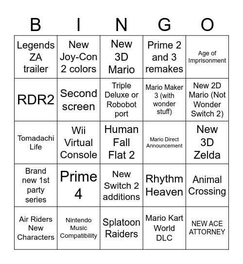 9/12 Nintendo Direct Bingo Card