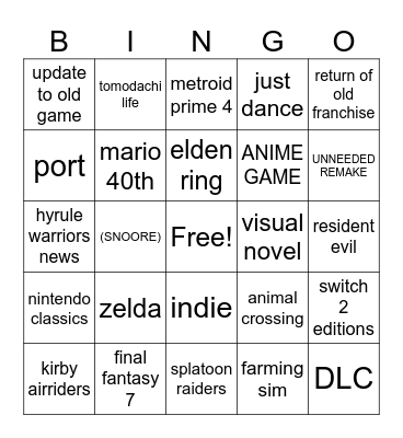 NINTENDO DIRECT 9/12/25 Bingo Card