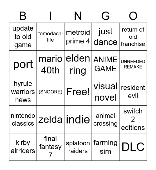 NINTENDO DIRECT 9/12/25 Bingo Card