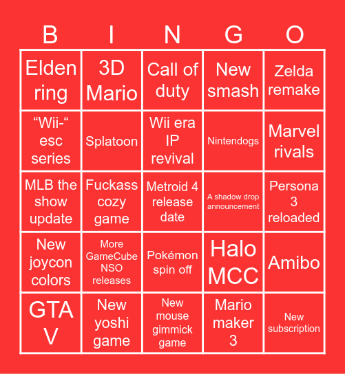 Nintendo Direct 9-12-25 Bingo Card