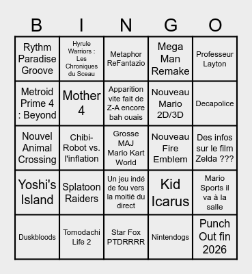 Nintendo Direct aaaaaa Kid Icarus eh par pitié Bingo Card