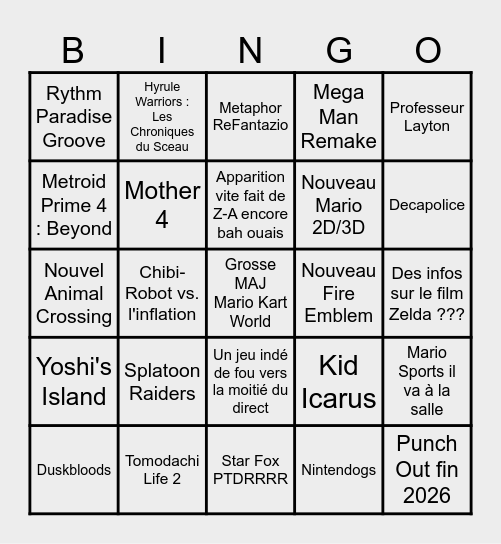 Nintendo Direct aaaaaa Kid Icarus eh par pitié Bingo Card