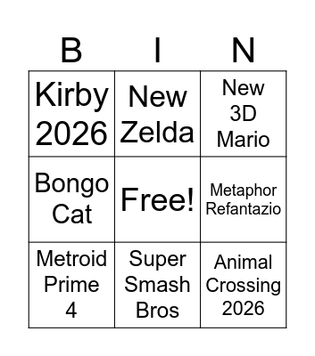 Nintendo Direct Bingo Card