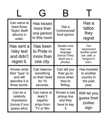Sapphic Bingo Card