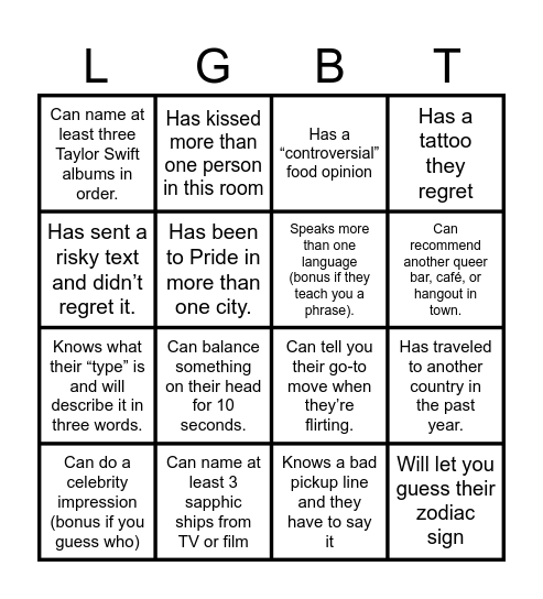 Sapphic Bingo Card