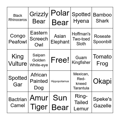 Animals Bingo Card